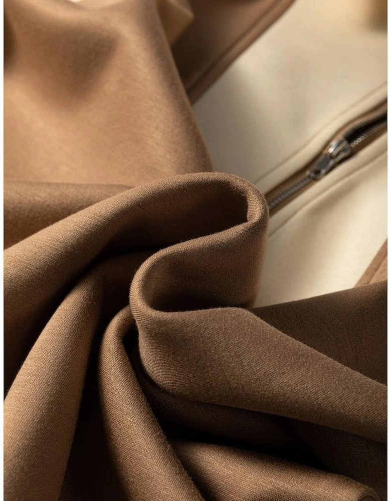 Simply Taupe Half Zipper Collared Colorblock Short Sleeve Top