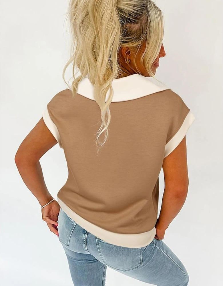 Simply Taupe Half Zipper Collared Colorblock Short Sleeve Top
