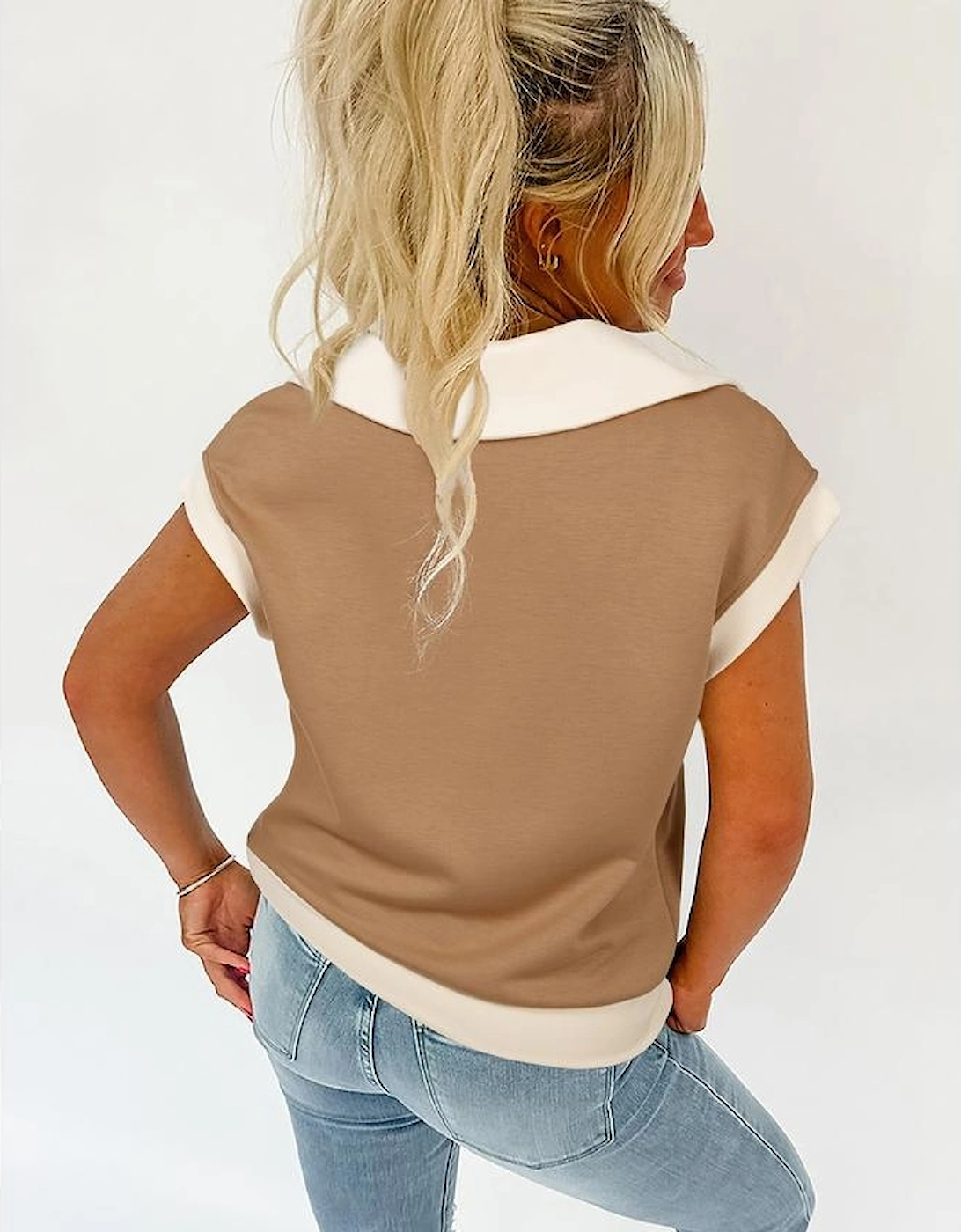 Simply Taupe Half Zipper Collared Colorblock Short Sleeve Top, 7 of 6