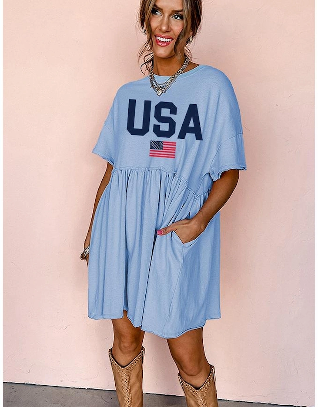 Sky Blue USA Flag Print Short Sleeve High Waist Babydoll Dress