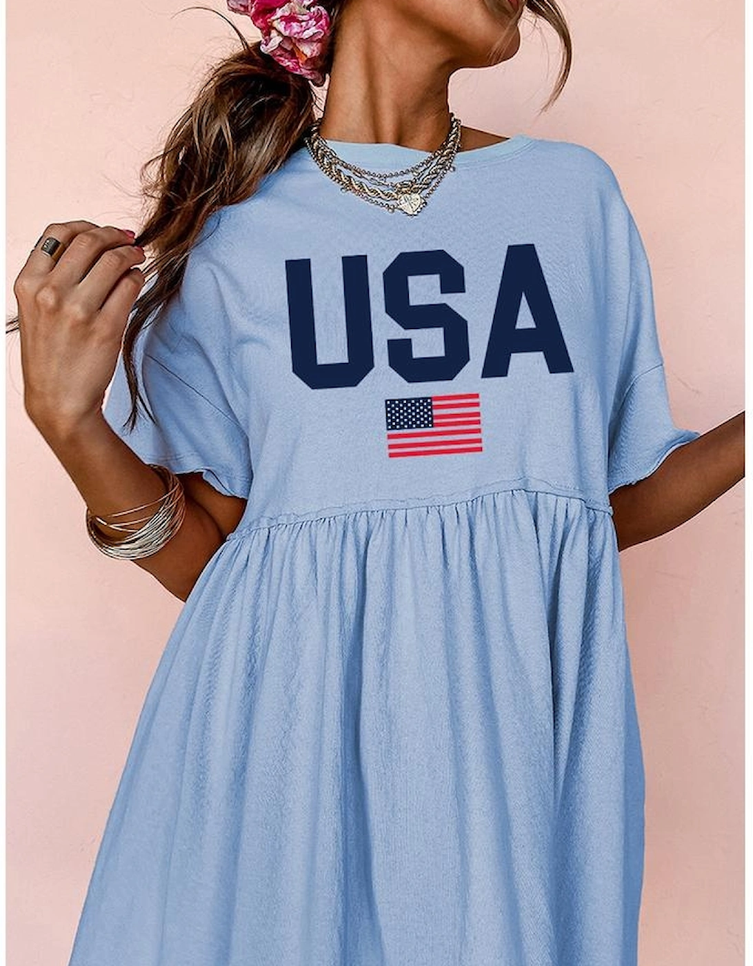 Sky Blue USA Flag Print Short Sleeve High Waist Babydoll Dress, 6 of 5