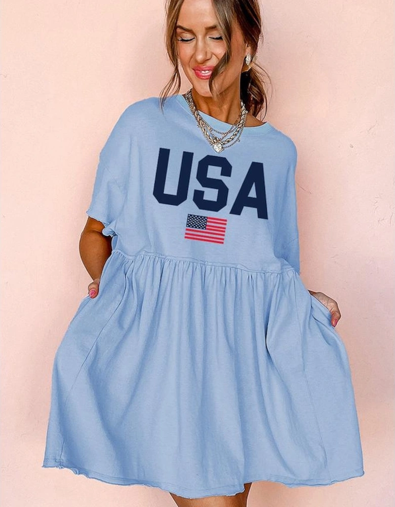 Sky Blue USA Flag Print Short Sleeve High Waist Babydoll Dress