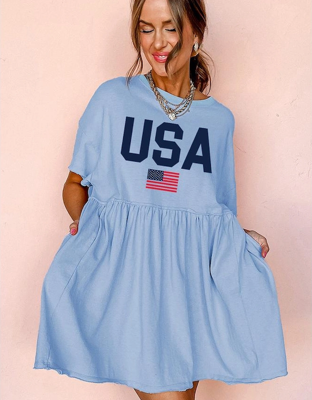 Sky Blue USA Flag Print Short Sleeve High Waist Babydoll Dress
