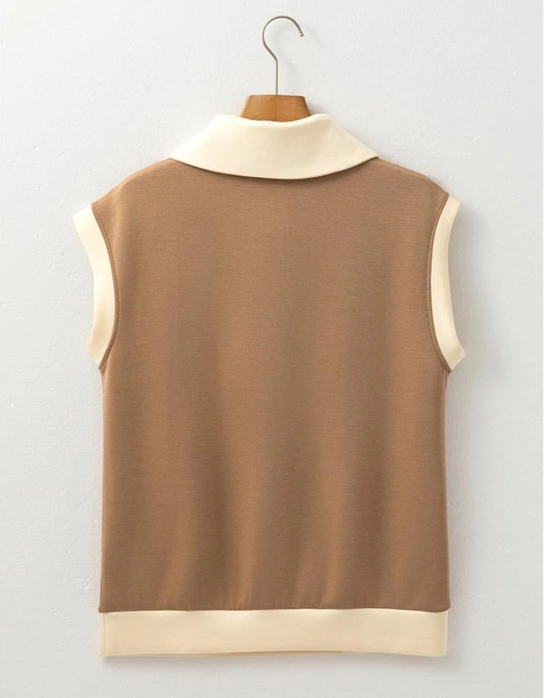 Simply Taupe Half Zipper Collared Colorblock Short Sleeve Top