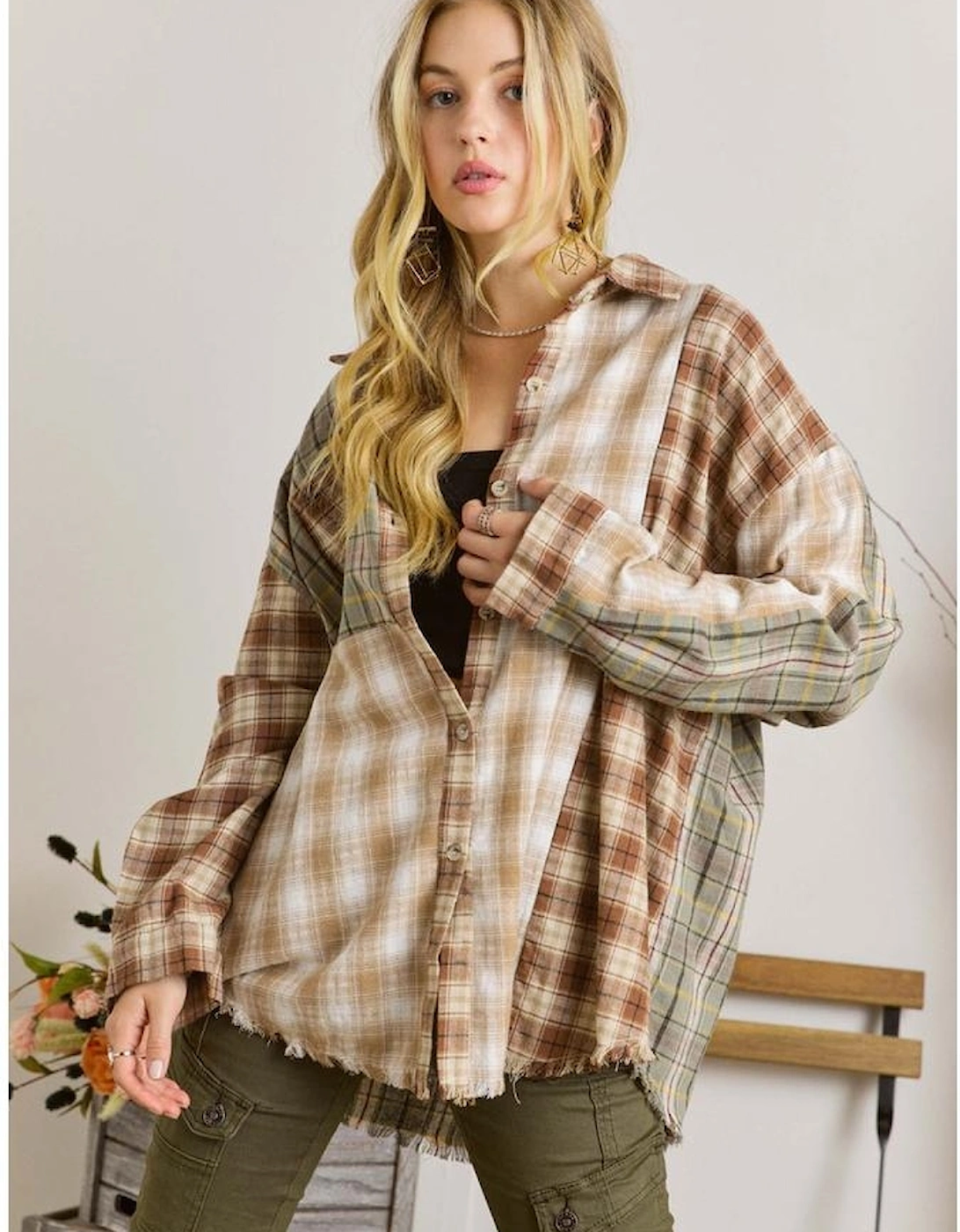 Brown Multi Plaid Patchwork Raw Edge Casual Shirt