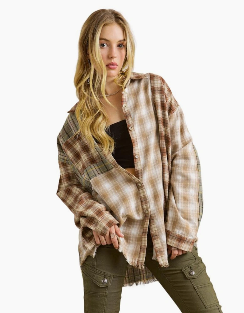 Brown Multi Plaid Patchwork Raw Edge Casual Shirt
