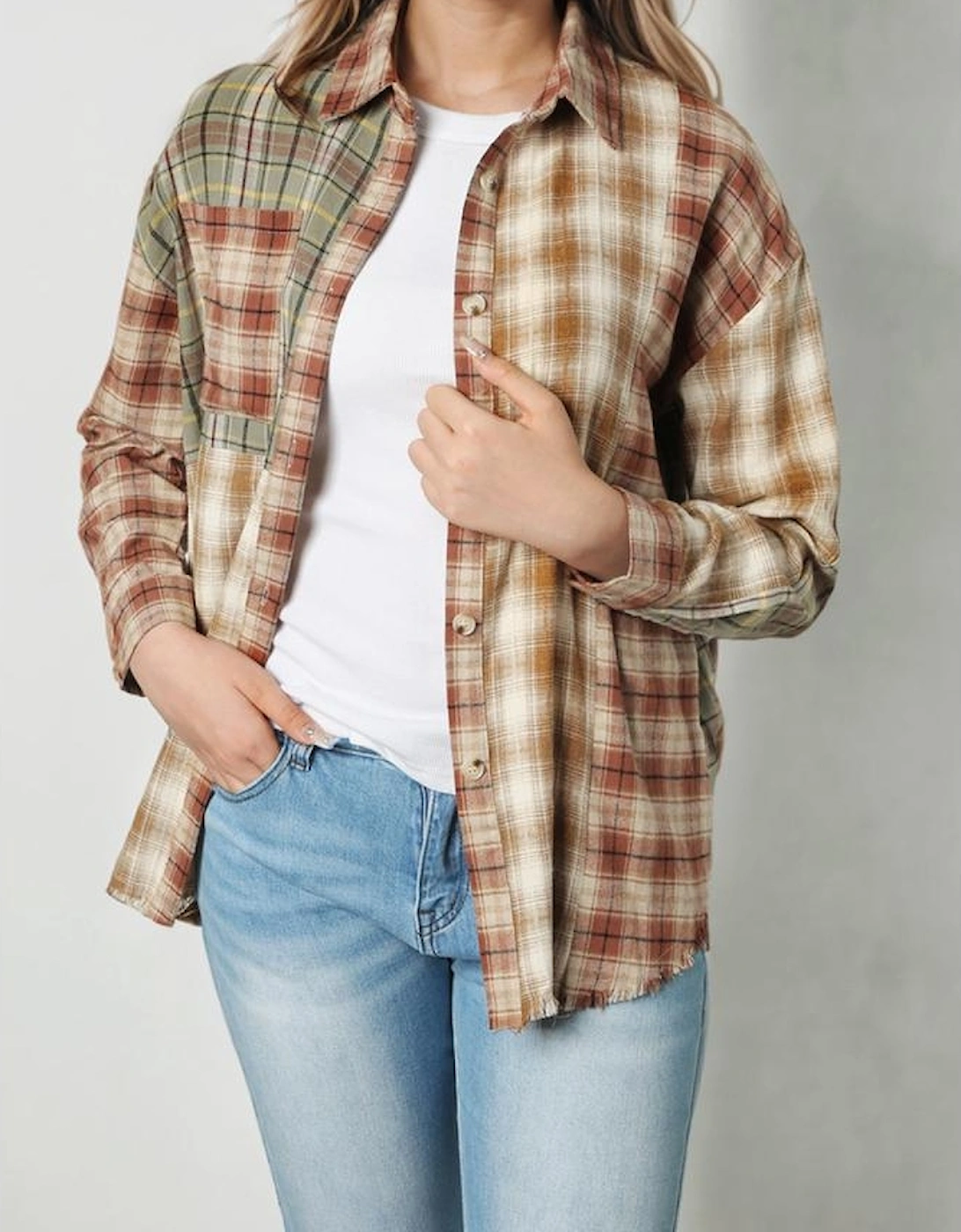Brown Multi Plaid Patchwork Raw Edge Casual Shirt
