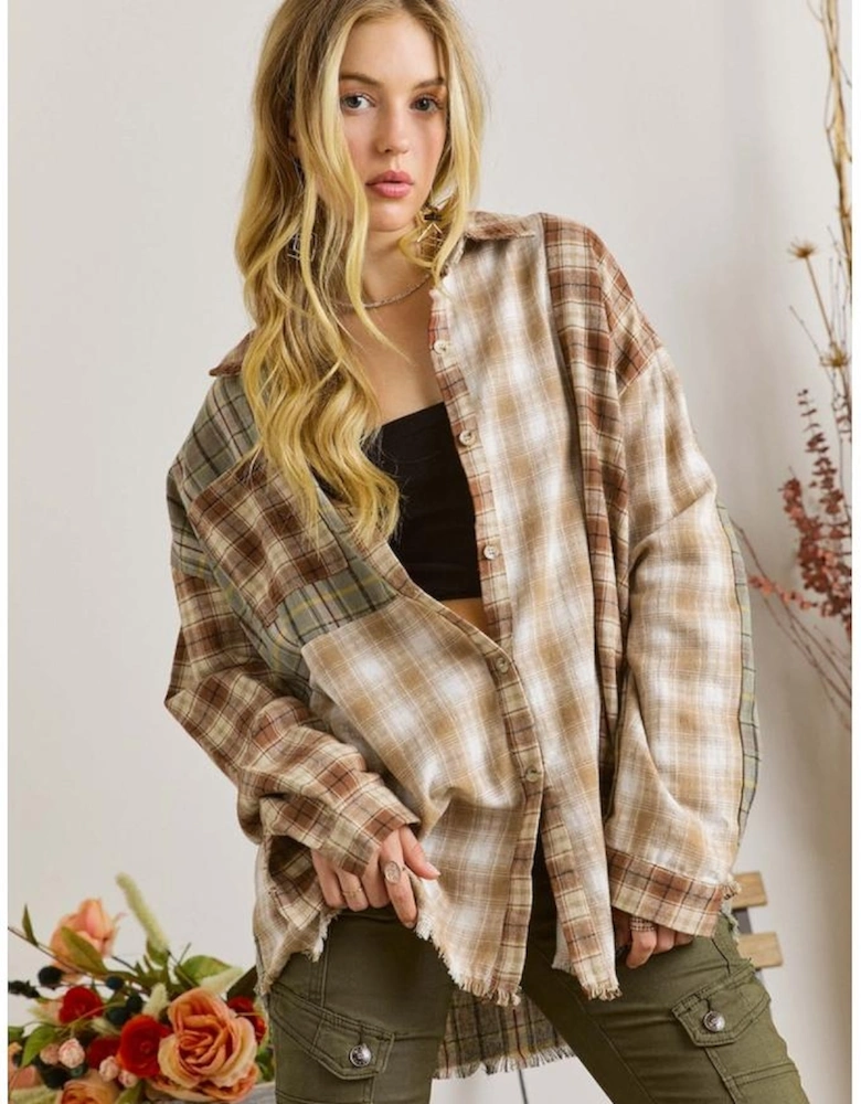 Brown Multi Plaid Patchwork Raw Edge Casual Shirt