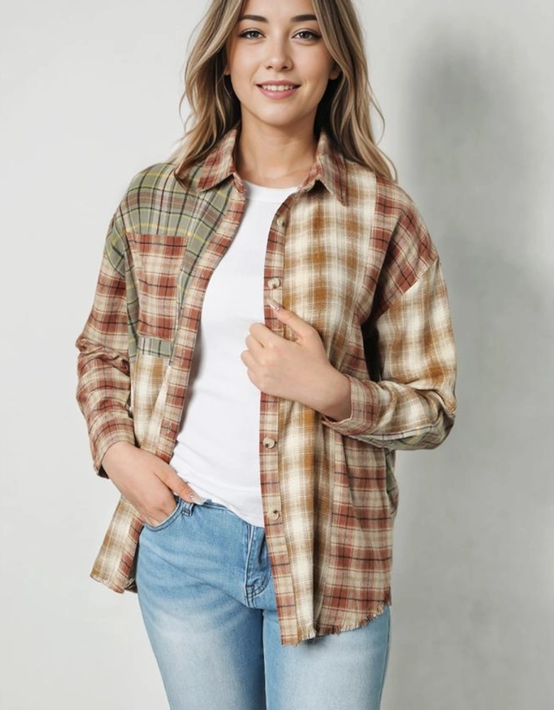 Brown Multi Plaid Patchwork Raw Edge Casual Shirt