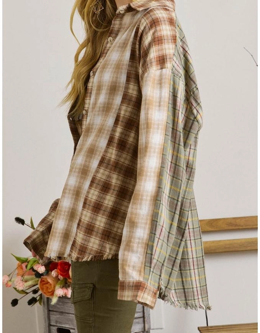 Brown Multi Plaid Patchwork Raw Edge Casual Shirt