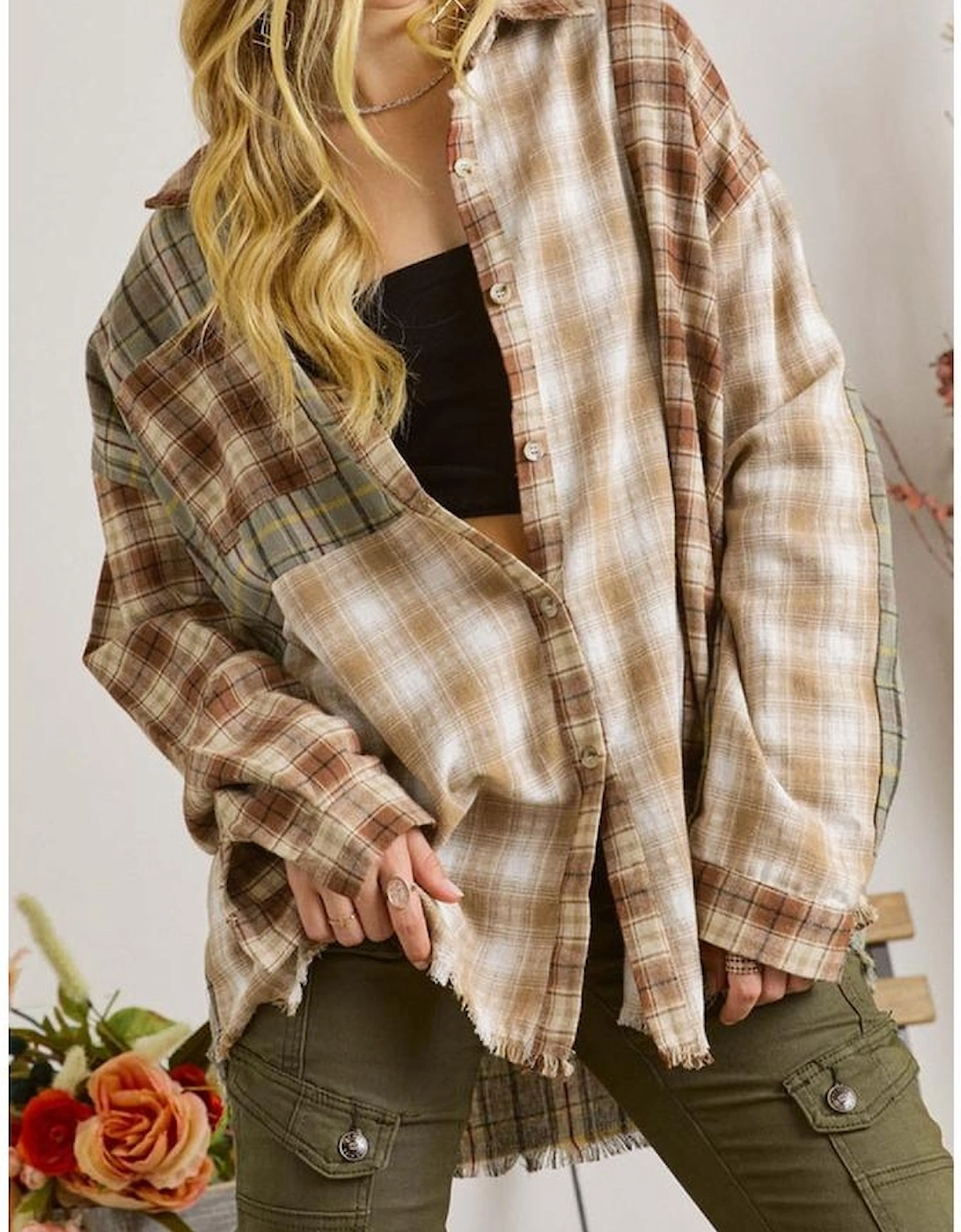 Brown Multi Plaid Patchwork Raw Edge Casual Shirt, 8 of 7