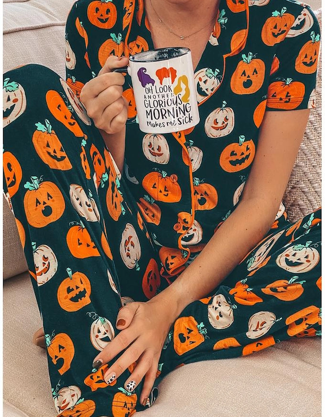 Orange Halloween Pattern Short Sleeve Shirt Pajama Set