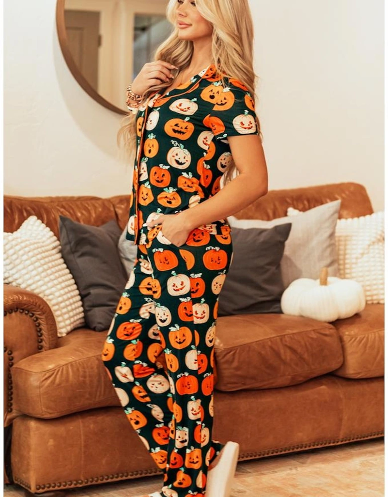 Orange Halloween Pattern Short Sleeve Shirt Pajama Set