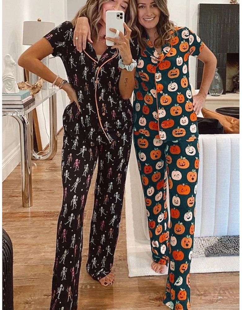 Orange Halloween Pattern Short Sleeve Shirt Pajama Set