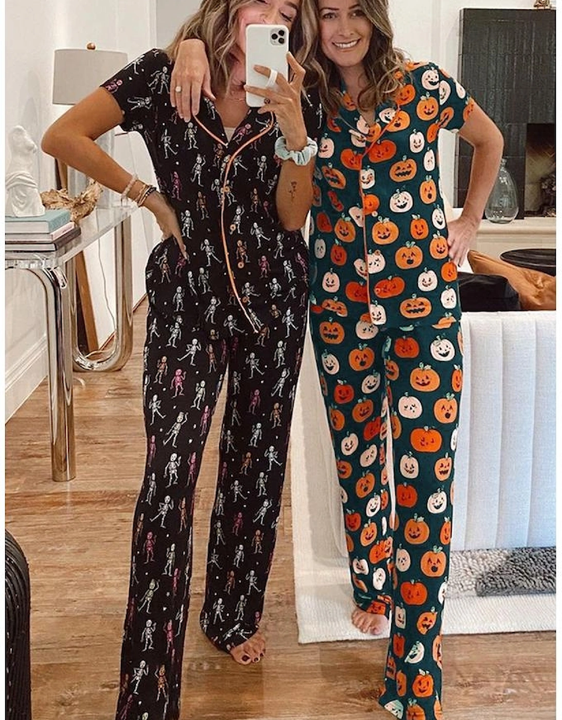 Orange Halloween Pattern Short Sleeve Shirt Pajama Set