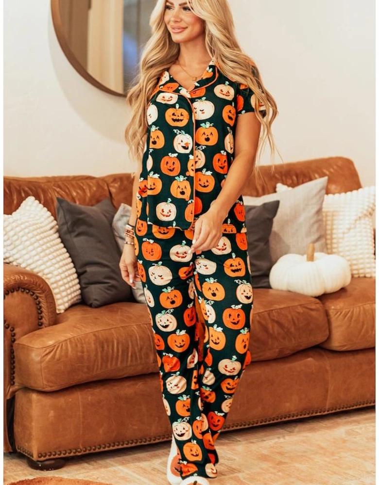 Orange Halloween Pattern Short Sleeve Shirt Pajama Set
