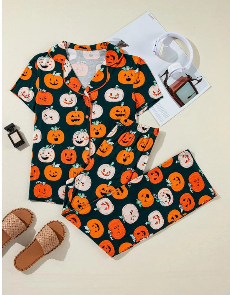 Orange Halloween Pattern Short Sleeve Shirt Pajama Set