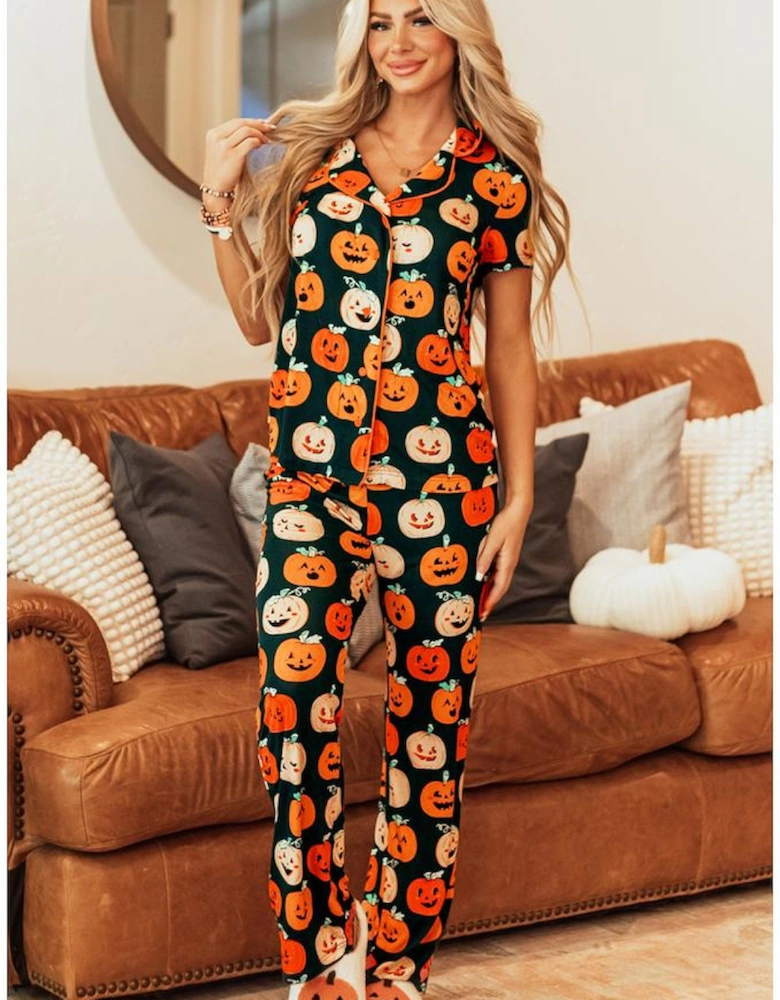 Orange Halloween Pattern Short Sleeve Shirt Pajama Set