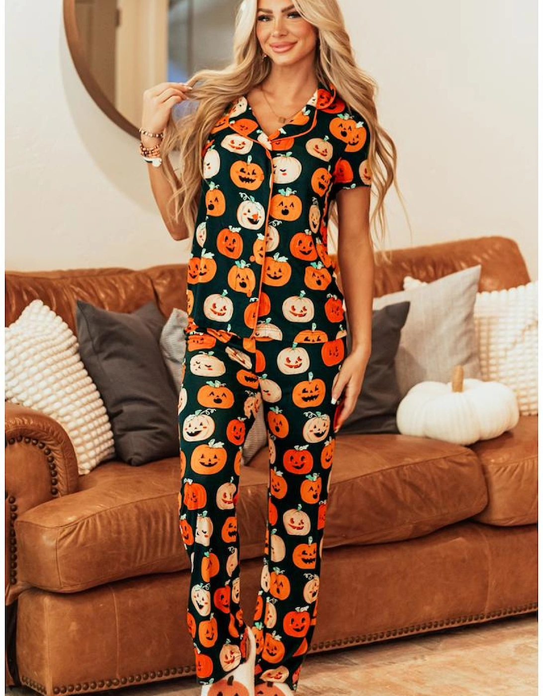 Orange Halloween Pattern Short Sleeve Shirt Pajama Set