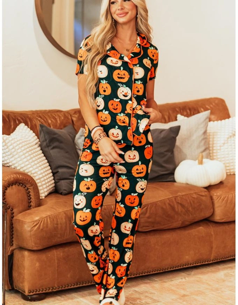 Orange Halloween Pattern Short Sleeve Shirt Pajama Set