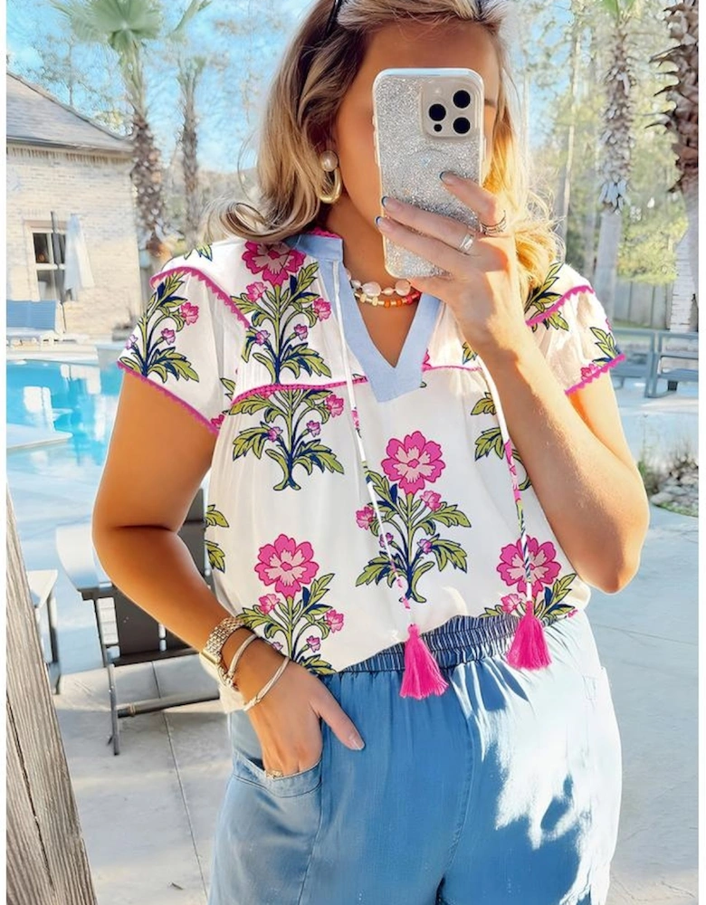 Rose Vintage Floral Print Contrast Notched V Neck Plus Size Summer Blouse