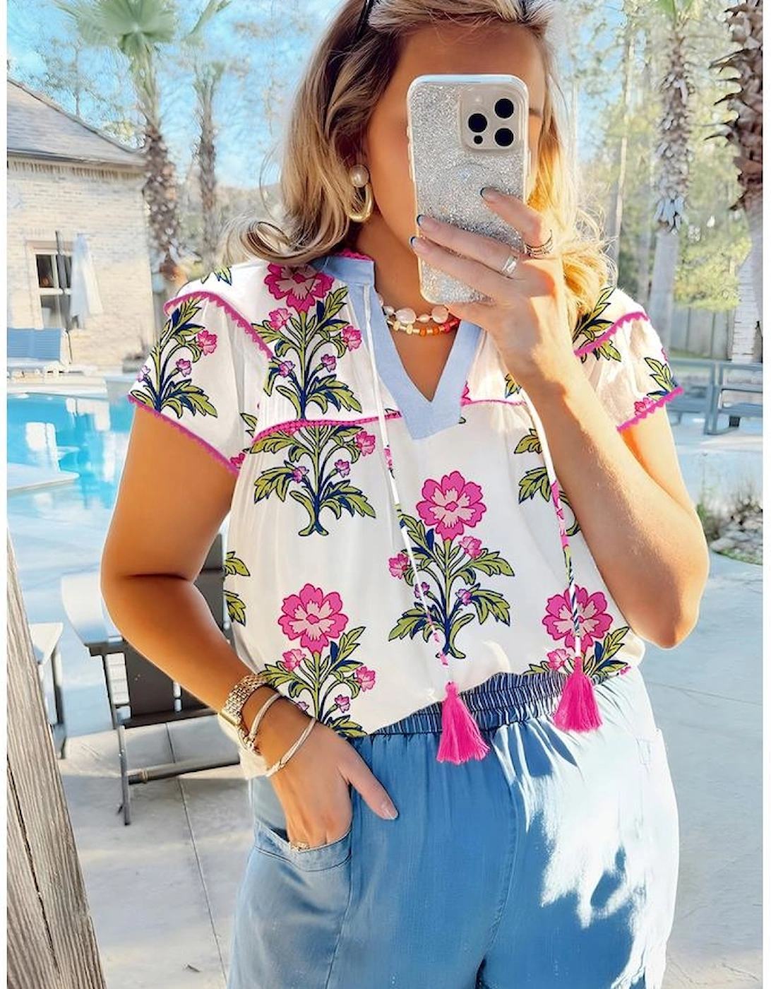 Rose Vintage Floral Print Contrast Notched V Neck Plus Size Summer Blouse