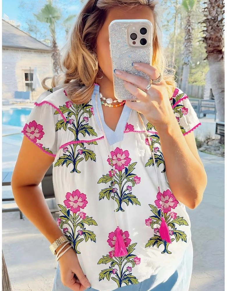Rose Vintage Floral Print Contrast Notched V Neck Plus Size Summer Blouse