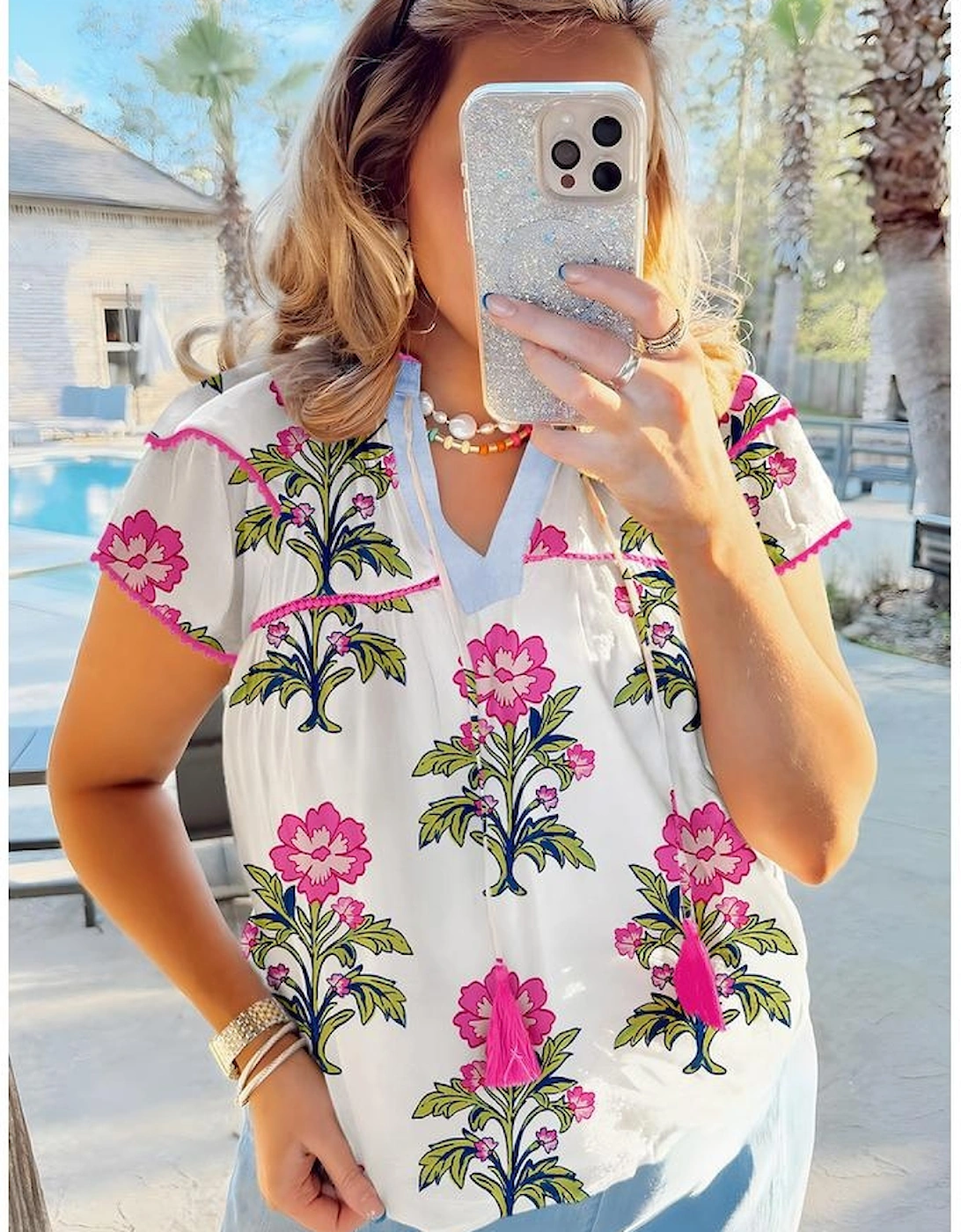Rose Vintage Floral Print Contrast Notched V Neck Plus Size Summer Blouse, 12 of 11