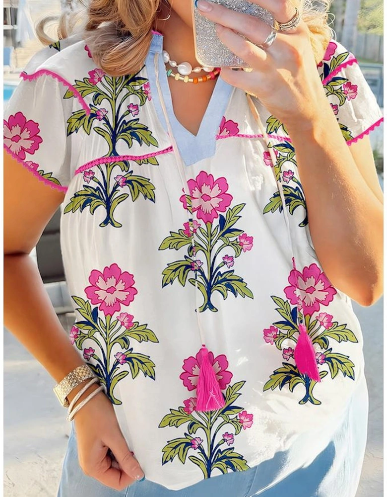 Rose Vintage Floral Print Contrast Notched V Neck Plus Size Summer Blouse