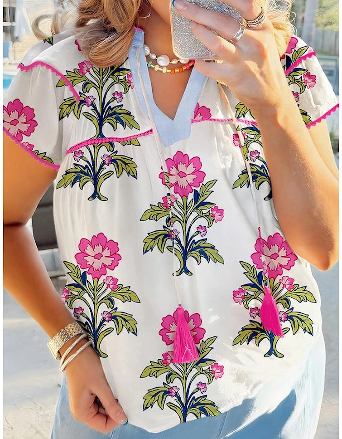 Rose Vintage Floral Print Contrast Notched V Neck Plus Size Summer Blouse