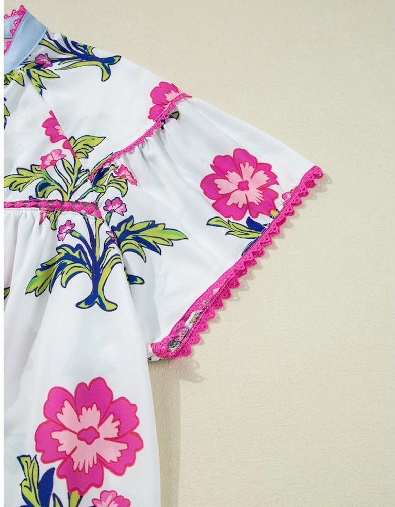 Rose Vintage Floral Print Contrast Notched V Neck Plus Size Summer Blouse