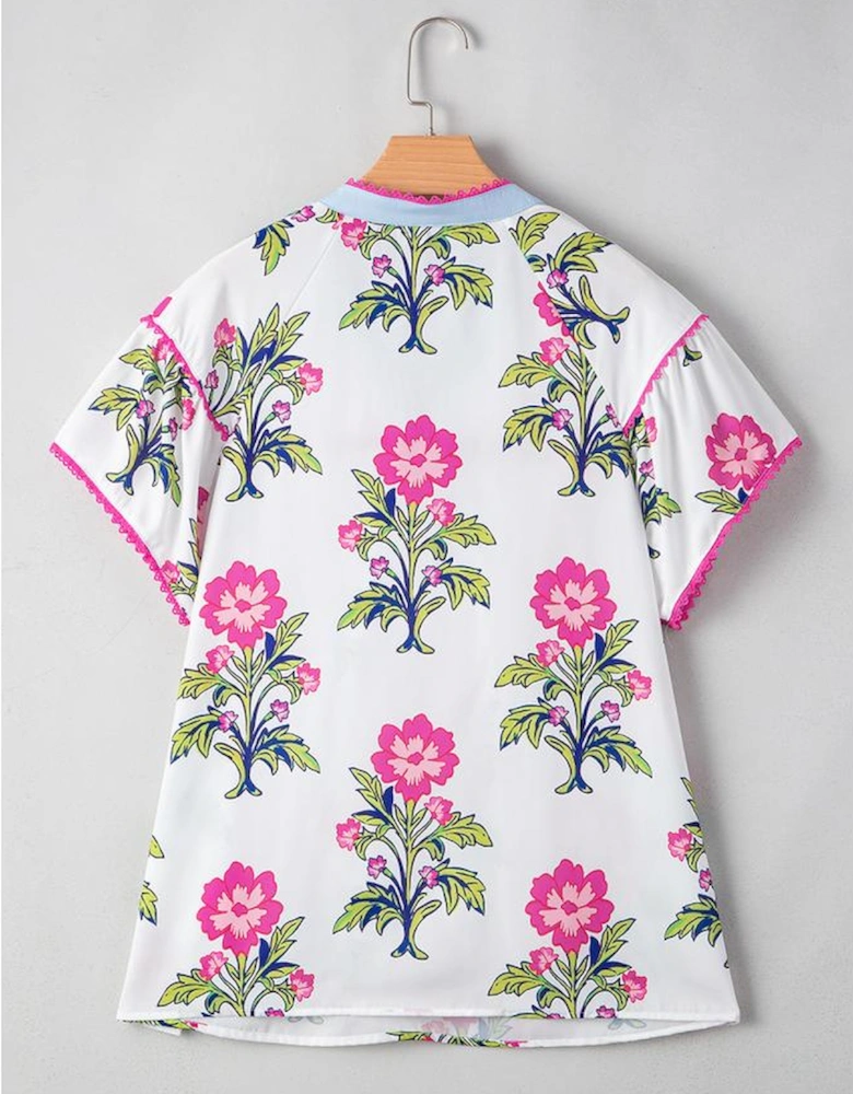Rose Vintage Floral Print Contrast Notched V Neck Plus Size Summer Blouse