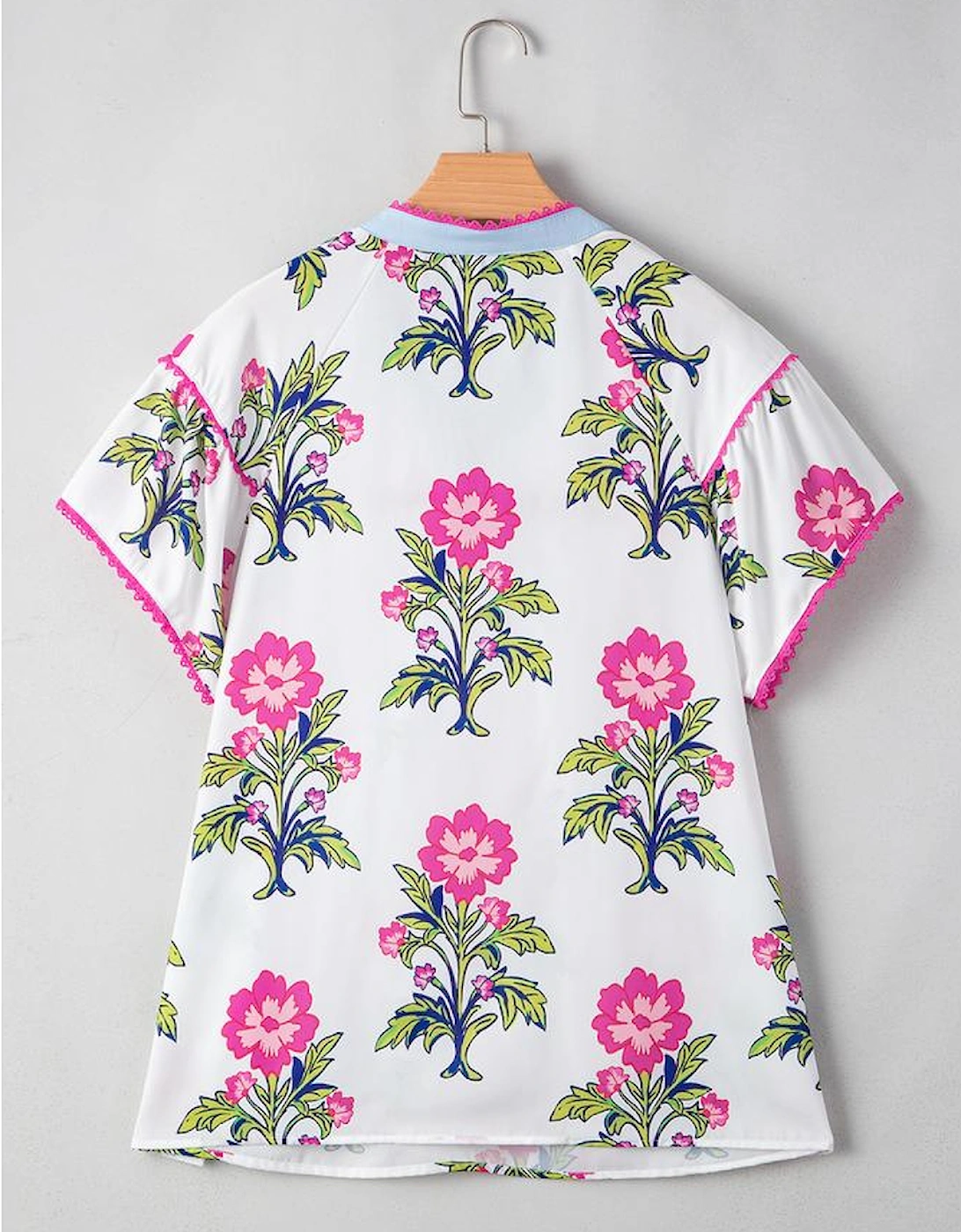 Rose Vintage Floral Print Contrast Notched V Neck Plus Size Summer Blouse