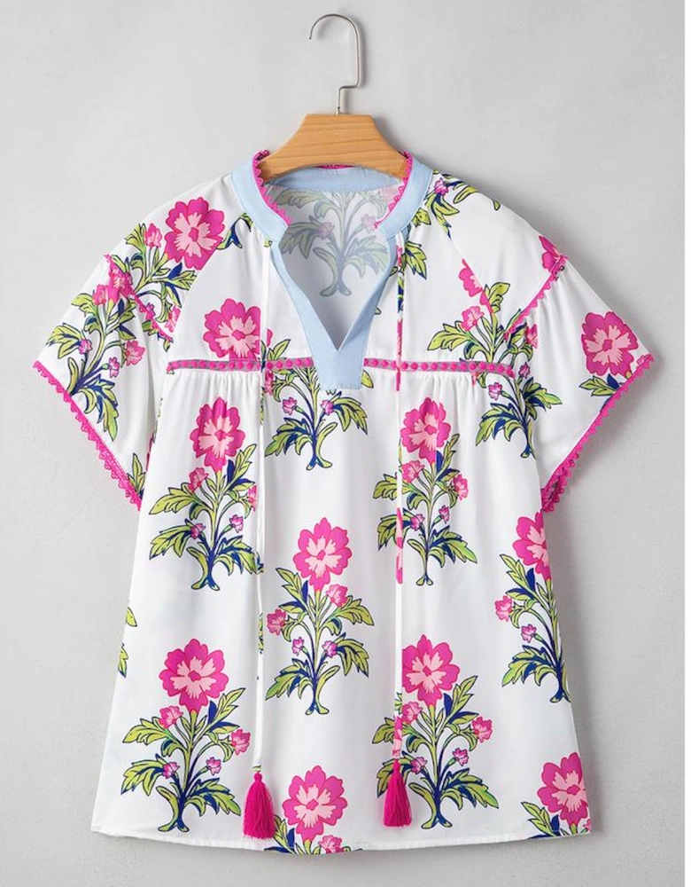 Rose Vintage Floral Print Contrast Notched V Neck Plus Size Summer Blouse