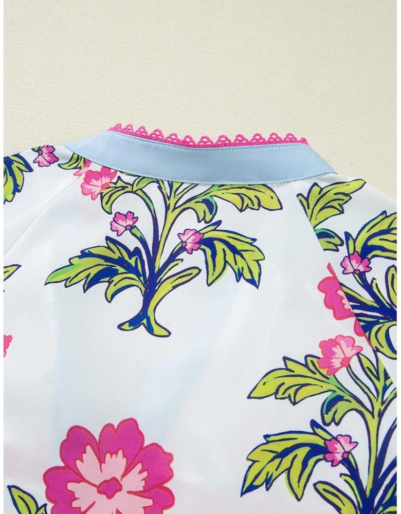 Rose Vintage Floral Print Contrast Notched V Neck Plus Size Summer Blouse