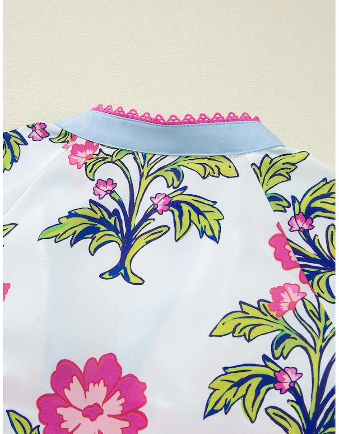 Rose Vintage Floral Print Contrast Notched V Neck Plus Size Summer Blouse