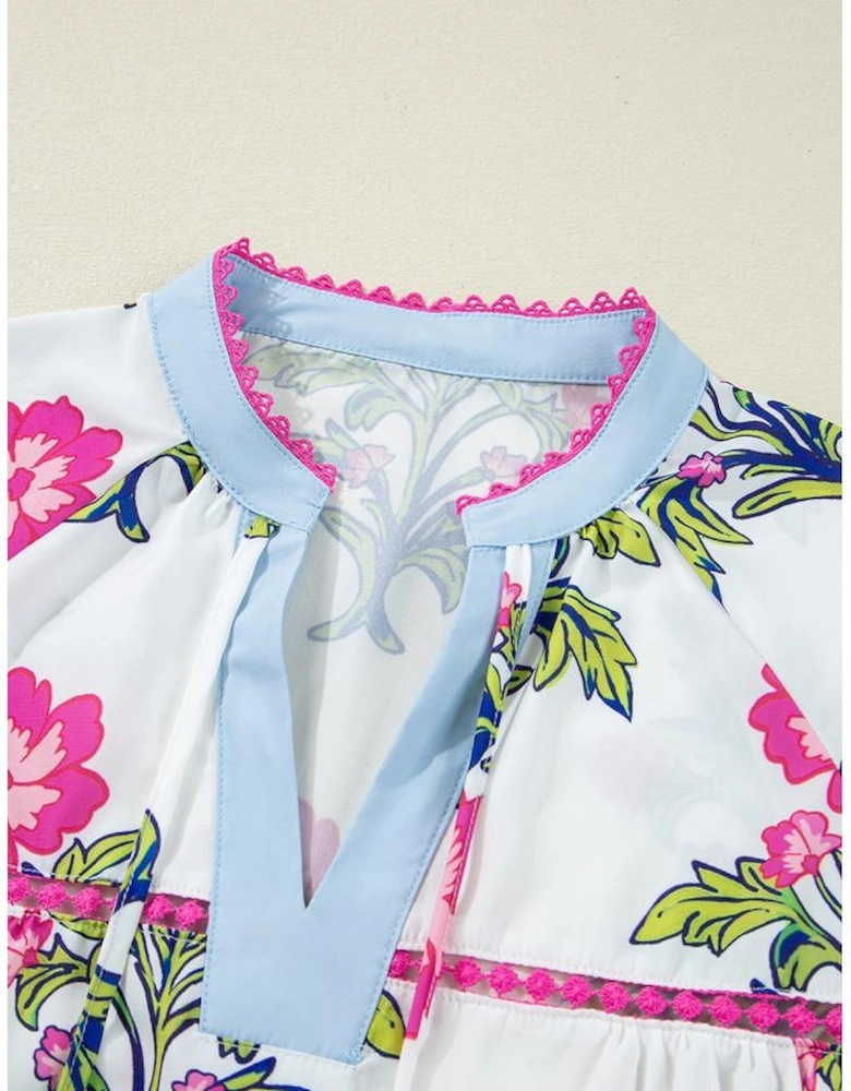 Rose Vintage Floral Print Contrast Notched V Neck Plus Size Summer Blouse
