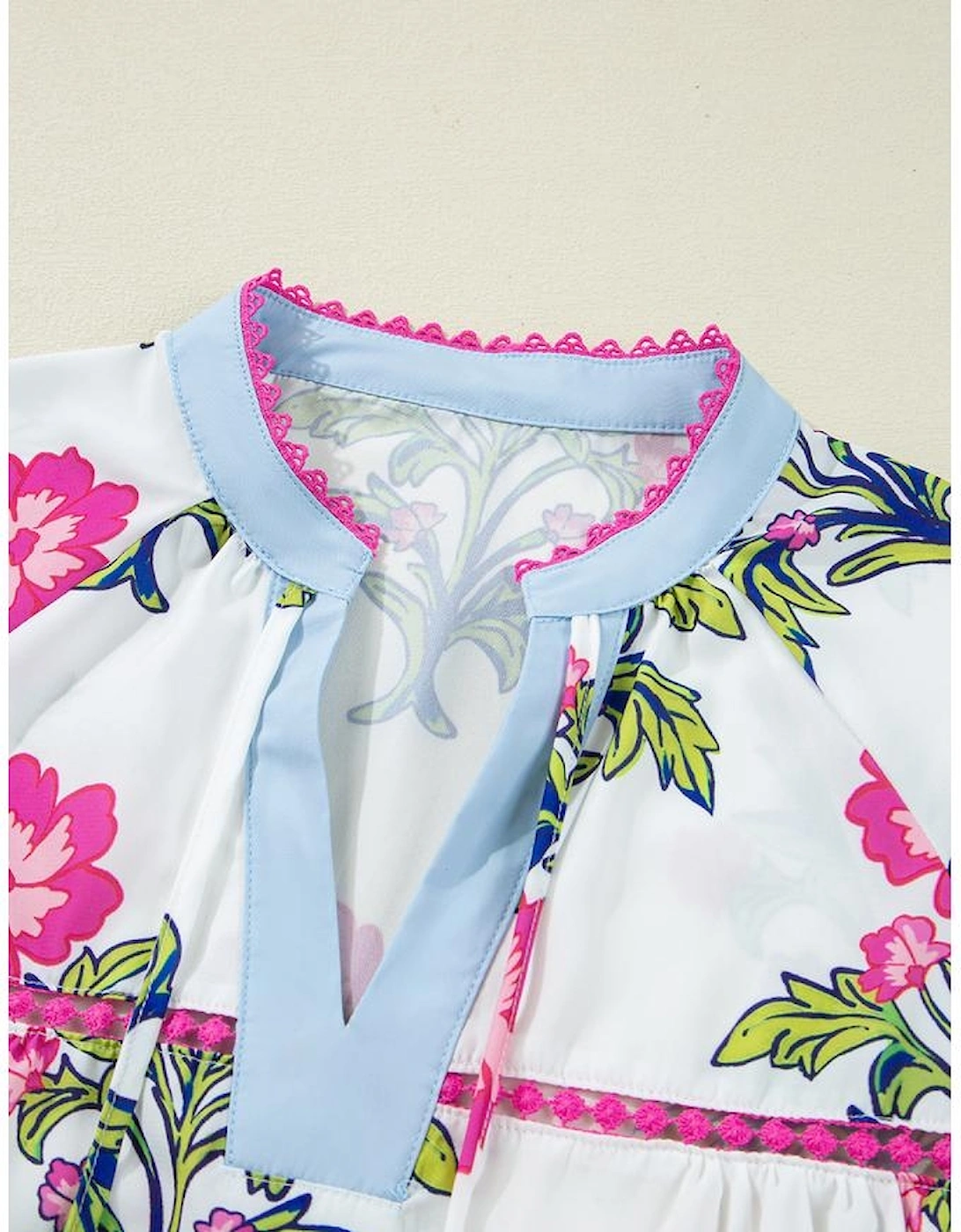 Rose Vintage Floral Print Contrast Notched V Neck Plus Size Summer Blouse