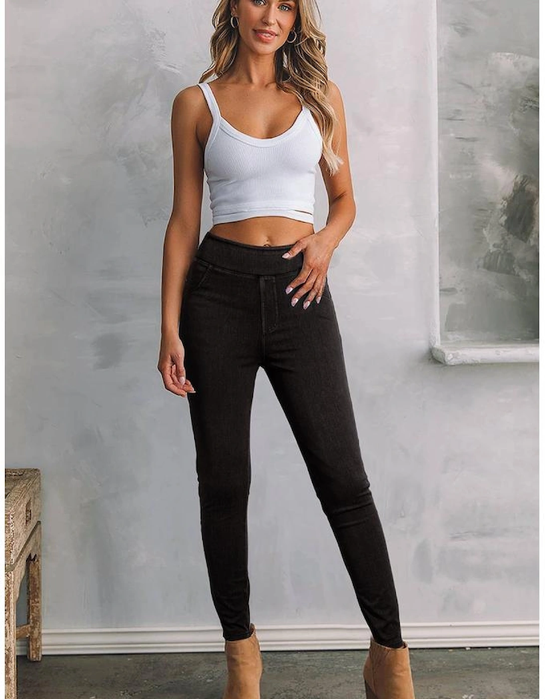 Black Solid Color High Waist Stretchy Slim Fit Jeggings