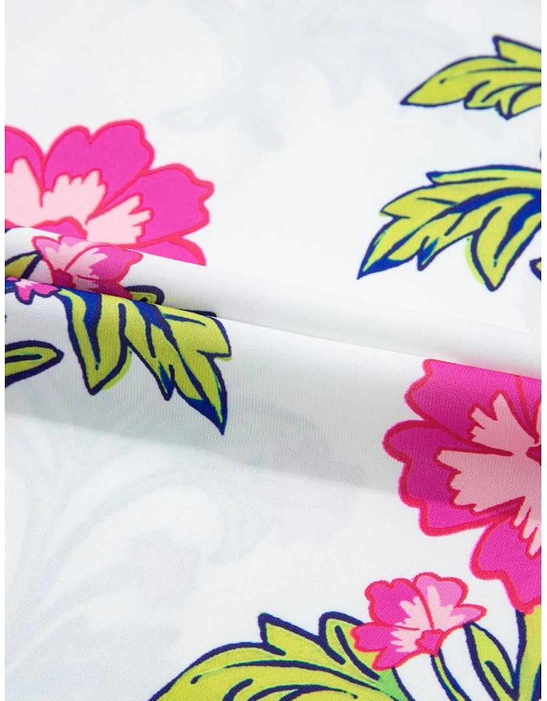 Rose Vintage Floral Print Contrast Notched V Neck Plus Size Summer Blouse