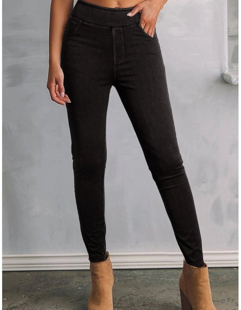 Black Solid Color High Waist Stretchy Slim Fit Jeggings