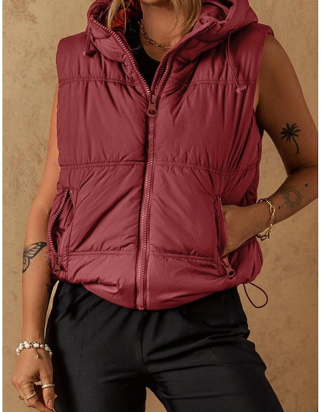 Clay Zip-up Side Pockets Hooded Puffer Vest