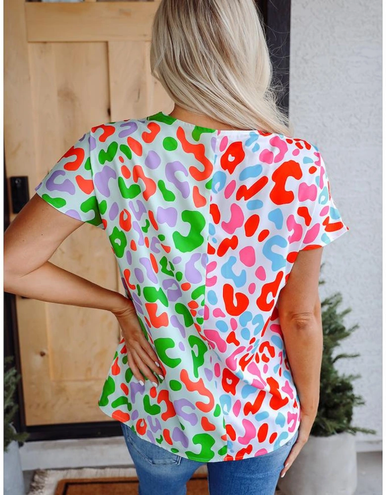 Green Contrast Leopard Print V Neck Short Sleeve Blouse