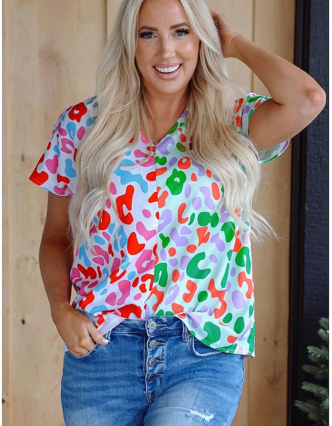 Green Contrast Leopard Print V Neck Short Sleeve Blouse