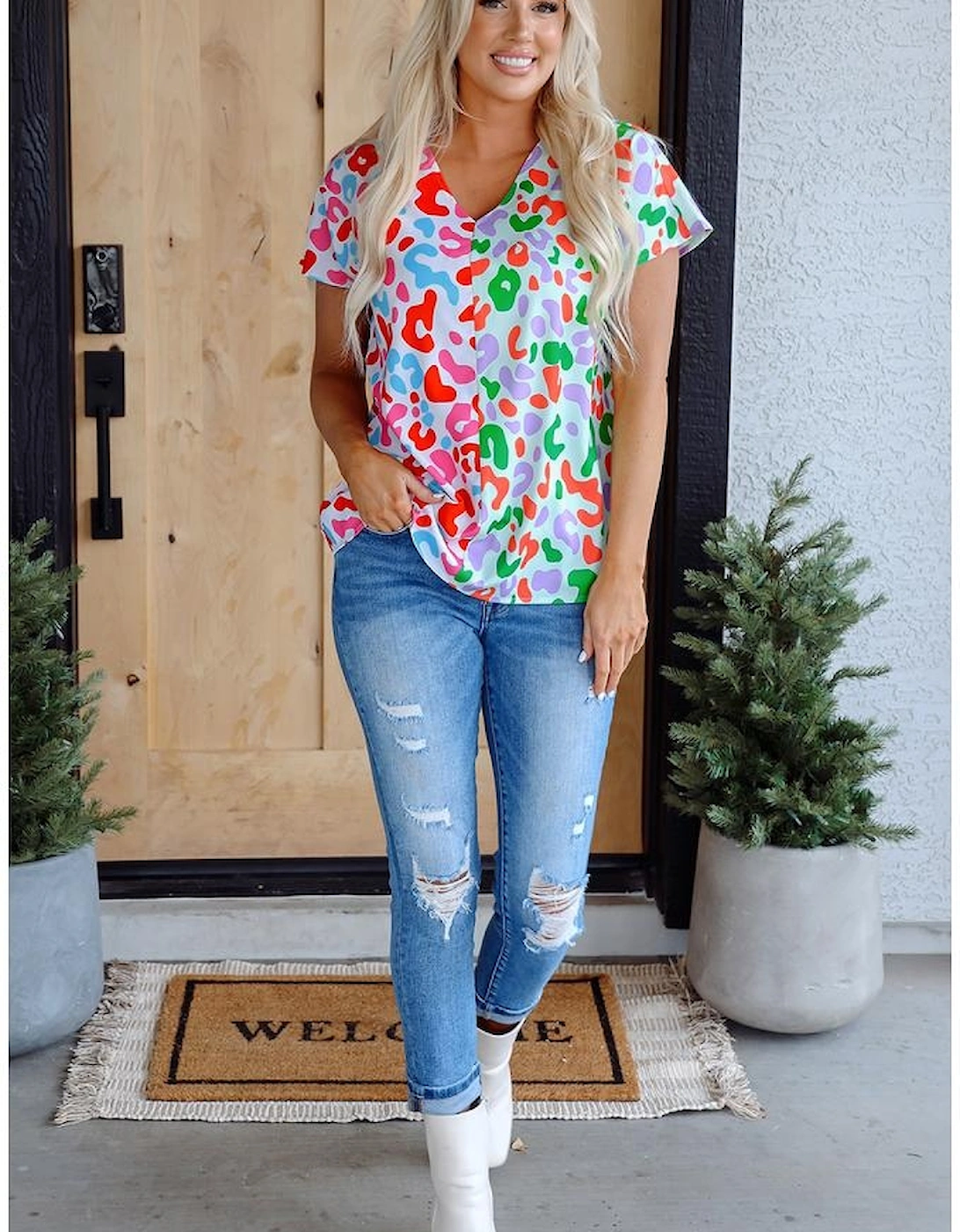 Green Contrast Leopard Print V Neck Short Sleeve Blouse