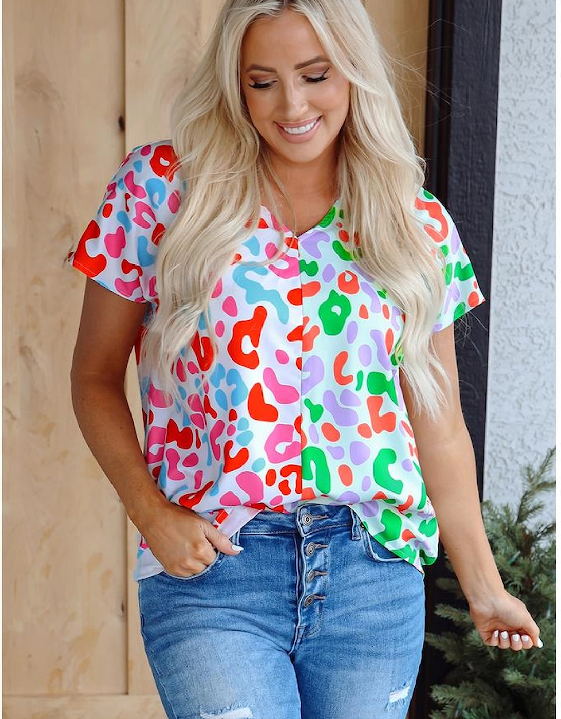 Green Contrast Leopard Print V Neck Short Sleeve Blouse