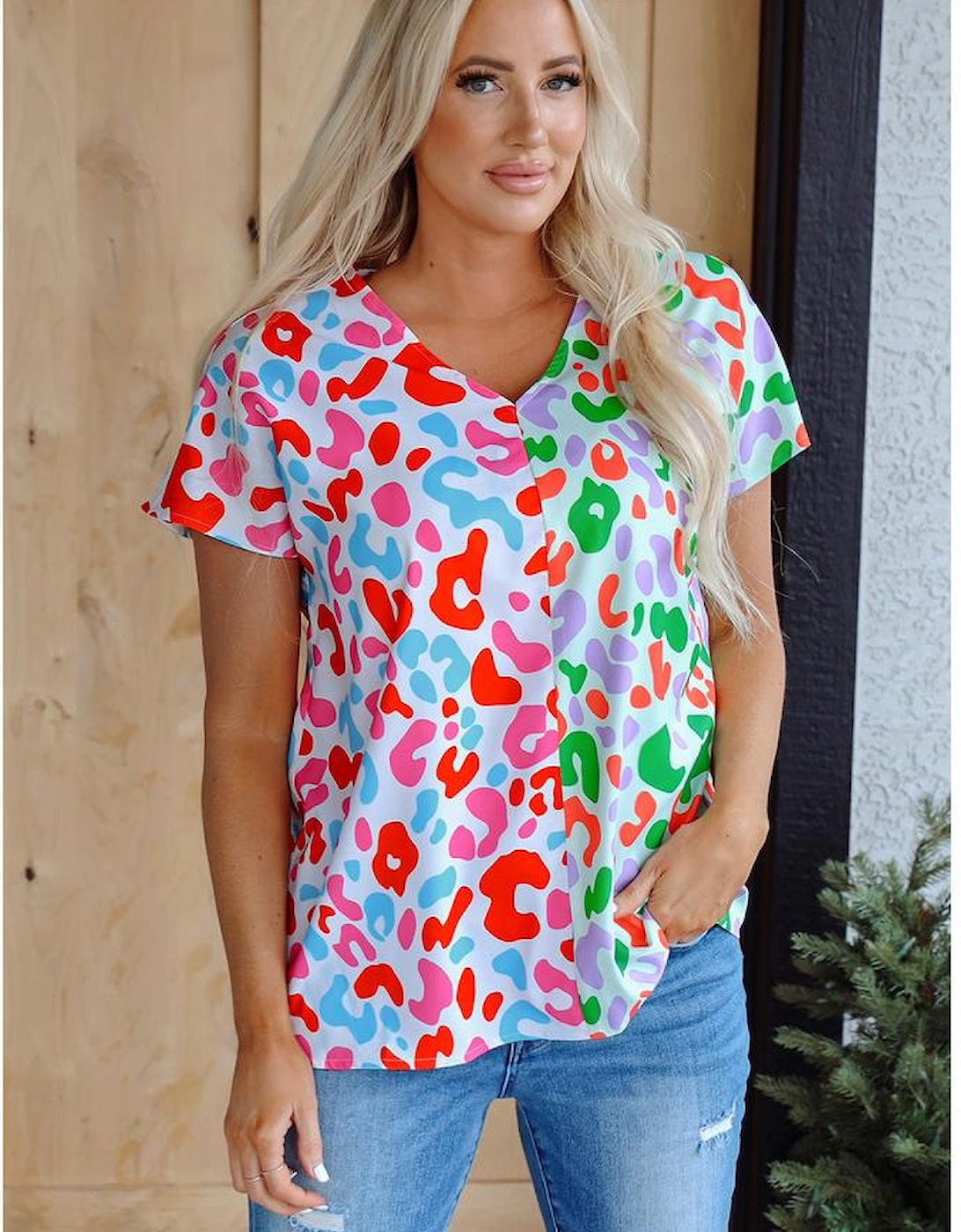 Green Contrast Leopard Print V Neck Short Sleeve Blouse