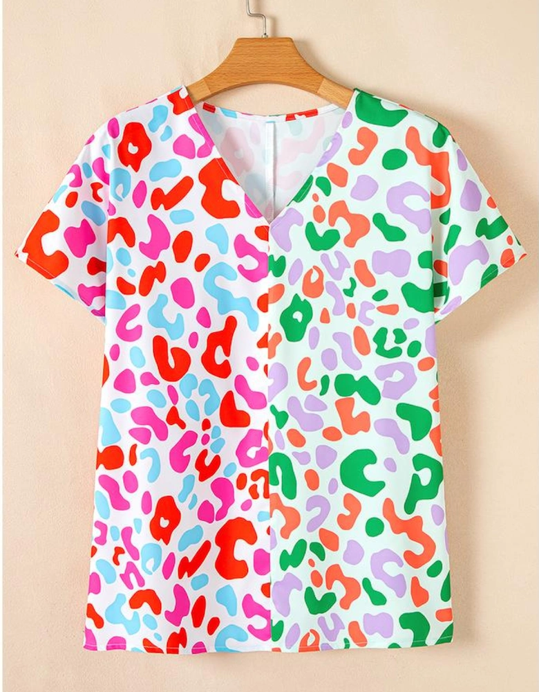 Green Contrast Leopard Print V Neck Short Sleeve Blouse