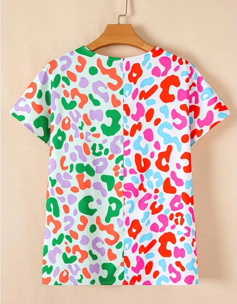 Green Contrast Leopard Print V Neck Short Sleeve Blouse