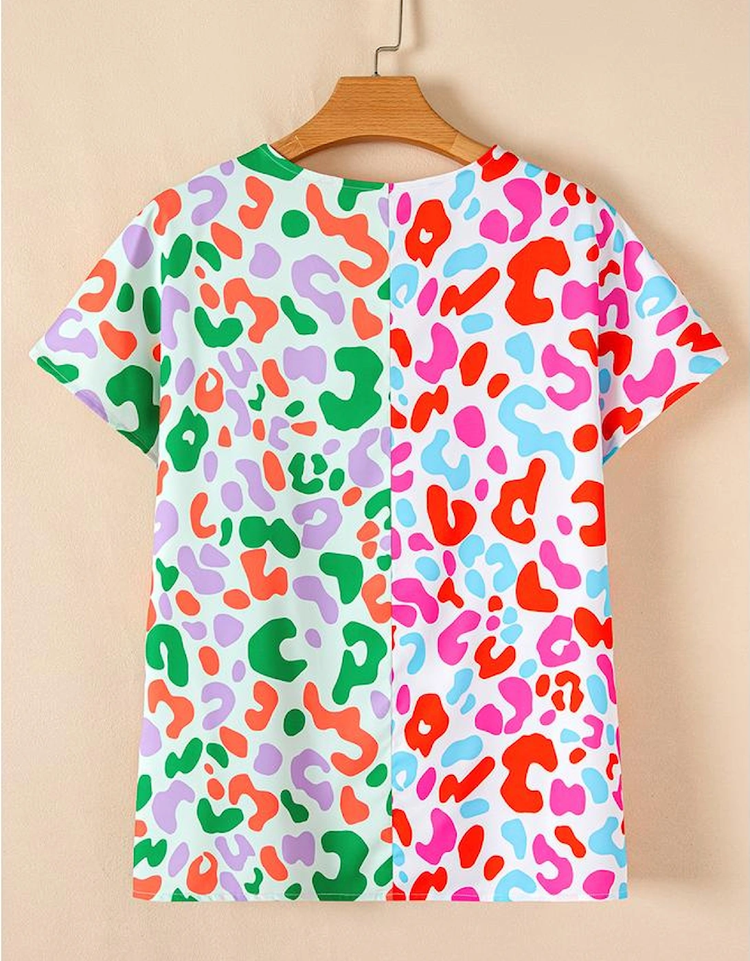 Green Contrast Leopard Print V Neck Short Sleeve Blouse